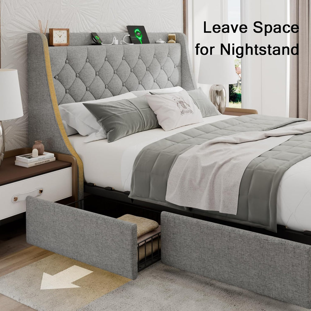 Einhomn Upholstered Full Size Bed Frame with 4 Storage Drawers, Platform Bed Frame with Wingback Headboard, Charging Station, No Box Spring Needed, Light Grey