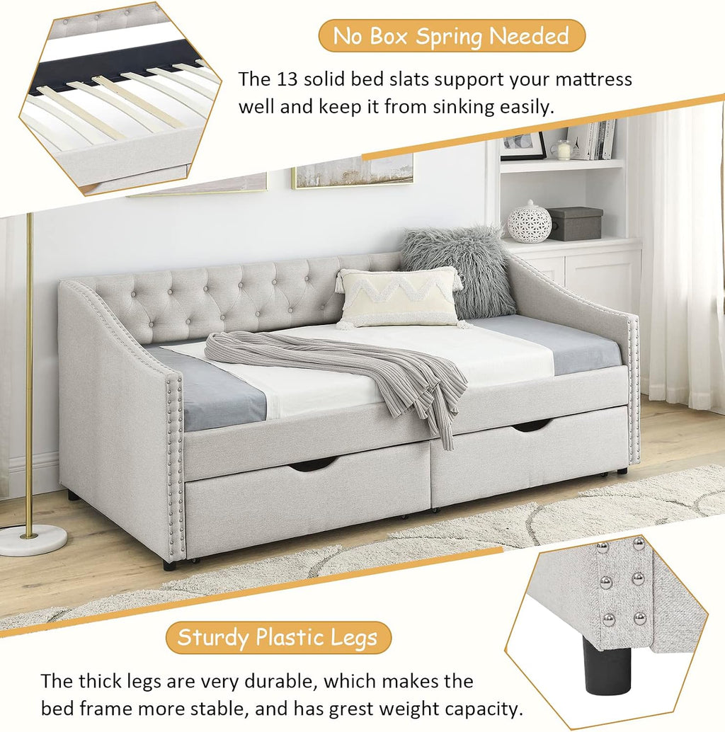 Wood Twin Daybed, Day Bed Frame with 2 Storage Drawers, Upholstered Twin Bed Frame Sofa Couch with Button and Nailhead Design for Bedroom Guest Room, No Box Spring Needed, Beige