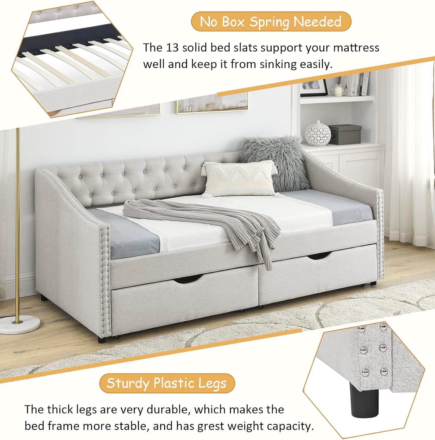 Wood Twin Daybed, Day Bed Frame with 2 Storage Drawers, Upholstered Twin Bed Frame Sofa Couch with Button and Nailhead Design for Bedroom Guest Room, No Box Spring Needed, Beige