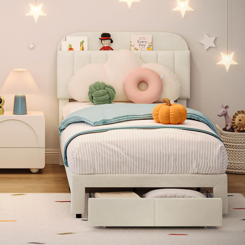 GarveeHome Twin Bed Frame with Drawer, Velvet Upholstered Platform Bed Frame with Storage Headboard, No Box Spring Needed, Easy Assembly, Noise-Free, Beige