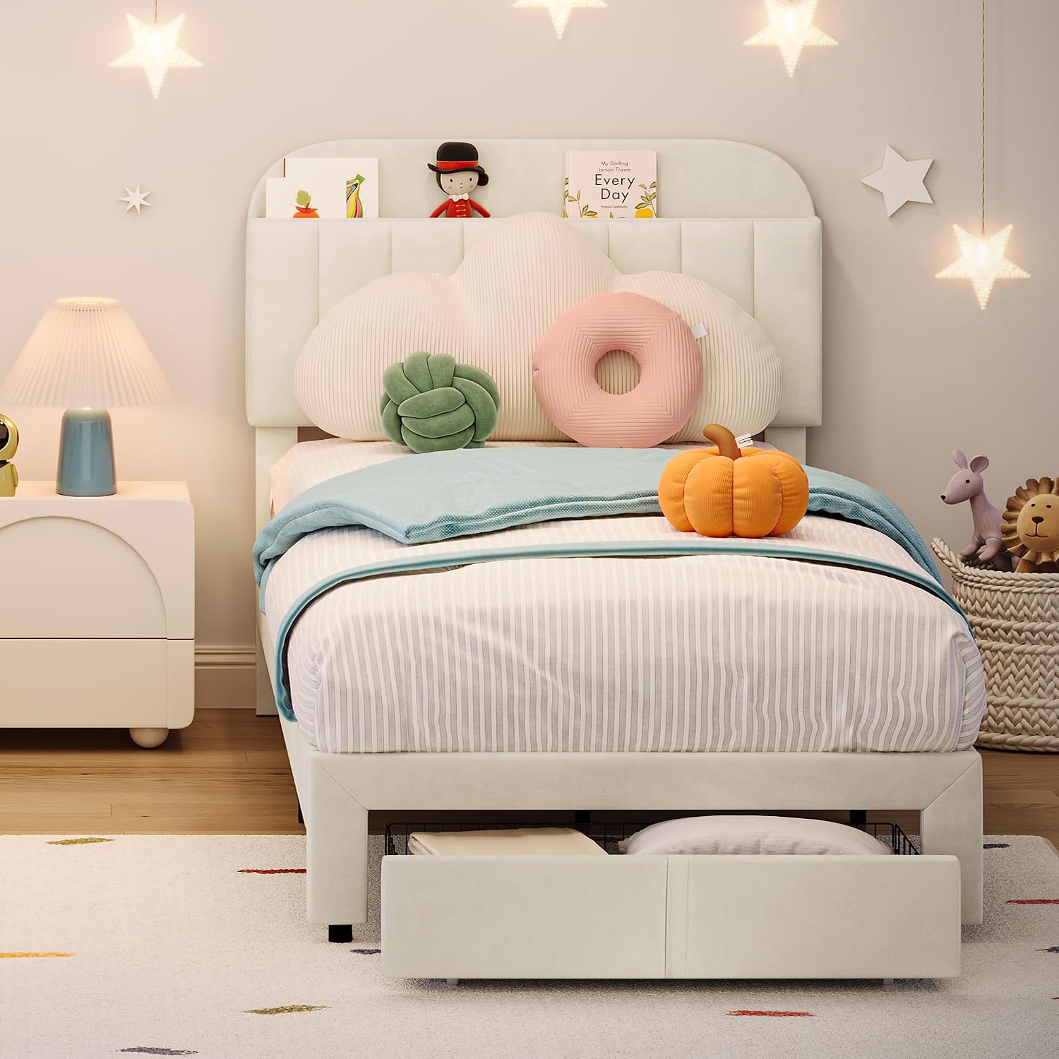 GarveeHome Twin Bed Frame with Drawer, Velvet Upholstered Platform Bed Frame with Storage Headboard, No Box Spring Needed, Easy Assembly, Noise-Free, Beige