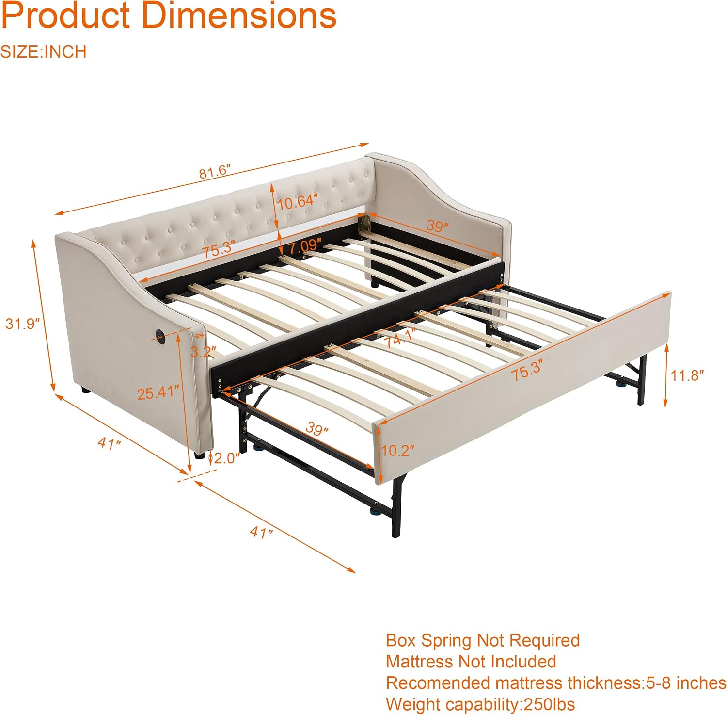 Twin to King Daybed with Trundle, USB Ports Soft Upholstered Daybed with Pop Up Trundle Bed Twin, Modern Extendable Day Bed Frame for Girls Bedroom Living Room Guest Room Small Places Champagne Beige
