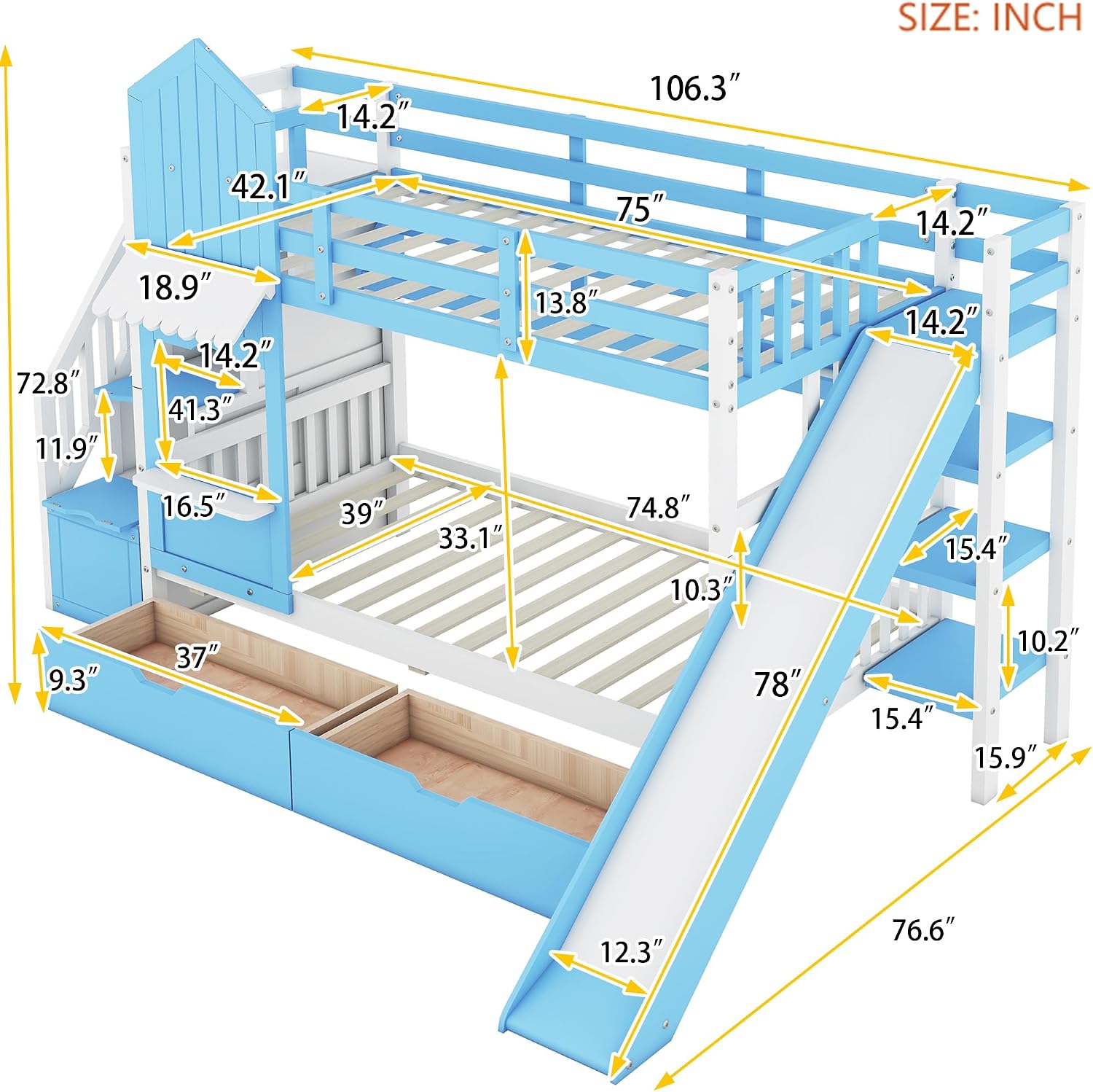 Harper & Bright Designs Twin Over Twin Bunk Bed with Stairs and Slide, Solid Wood Bunk Bed Frame with Storage Drawers and Bookshelf, for Kids Teens Girls Boys (Blue)