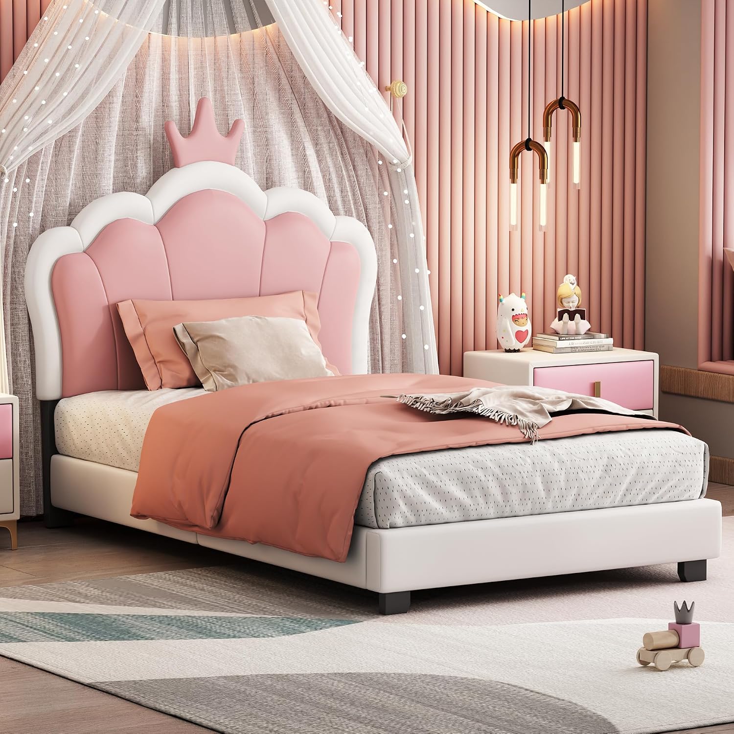 Merax Kids Twin Upholstered Day Bed Frame for Boys Girls, Wood Platform Bed with Crown Headboard, No Box Spring Needed White+Pink