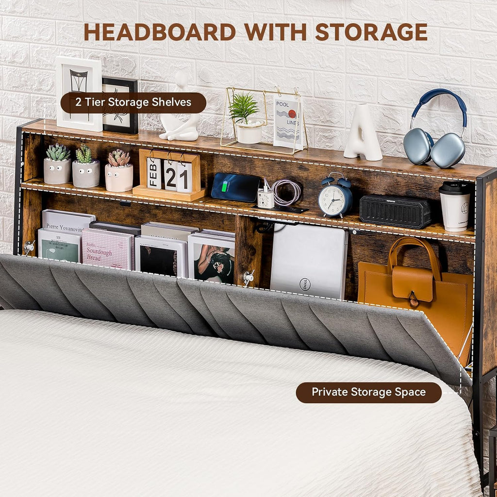 COMHOMA Queen Size Platform Bed Frame with LED Lights and Charging Station, Storage Headboard and Footboard Drawers, No Box Spring Needed, Rustic Wood Look