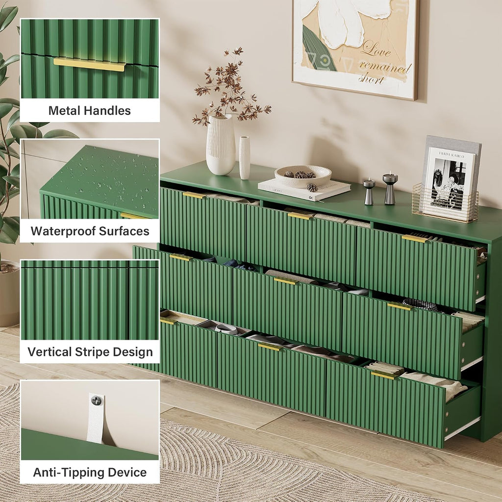Furniway Green Dresser for Bedroom, Modern Dresser with 9 Drawers and Smooth Slides, Wide Chest of Drawers with Golden Handles for Bedroom, Living Room, Closet, 15.7' D x 63' W x 31.5' H