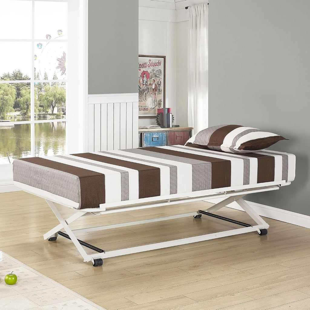 Kings Brand Furniture Twin Size White Metal Platform Bed With Pop Up Trundle