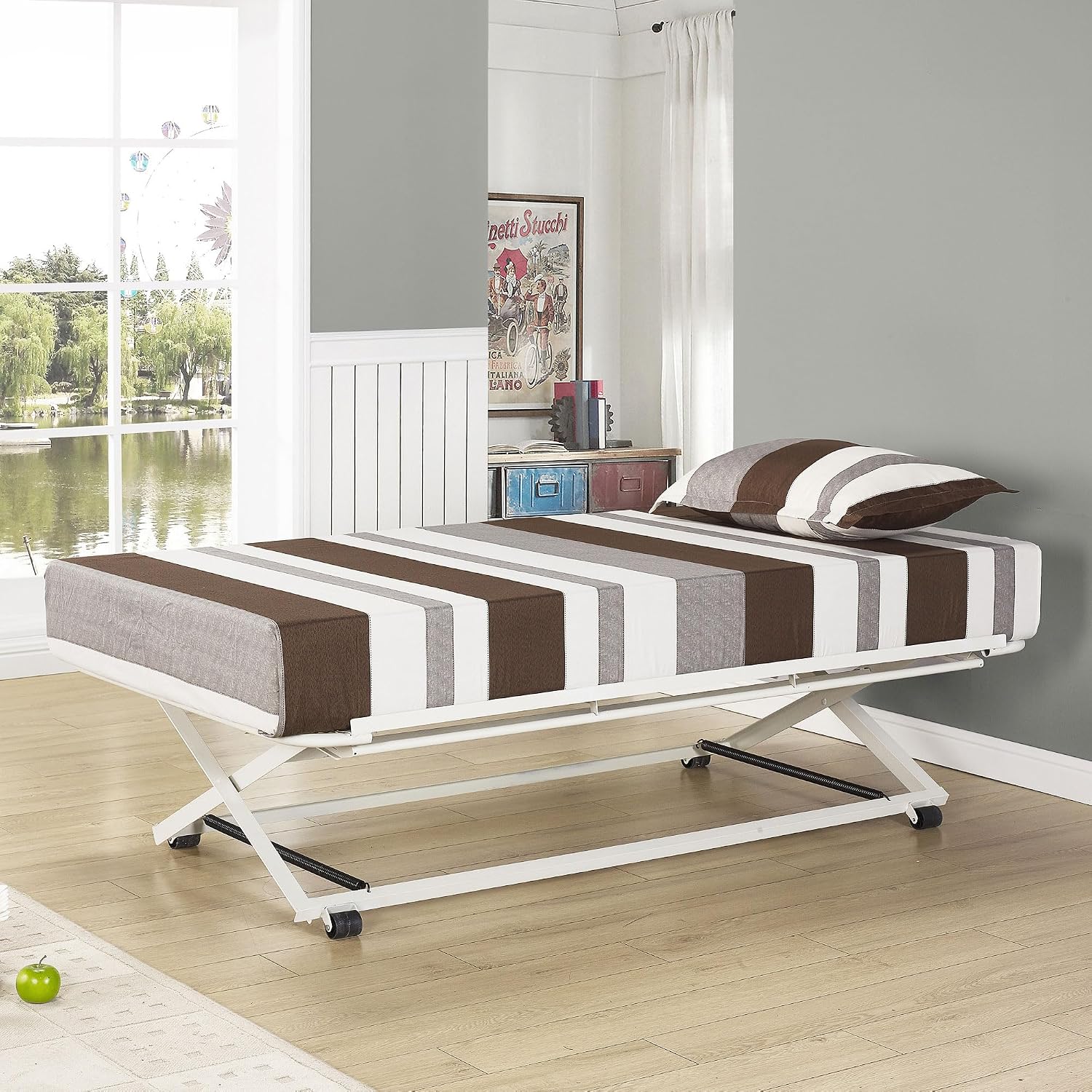 Kings Brand Furniture Twin Size White Metal Platform Bed With Pop Up Trundle