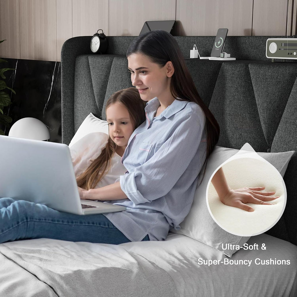 Einhomn Full Size Bed Frame with 4 Storage Drawers and Charging Station, Upholstered Platform Bed Frame with Storage Headboard, No Box Spring Needed, Easy Assembly, Dark Grey
