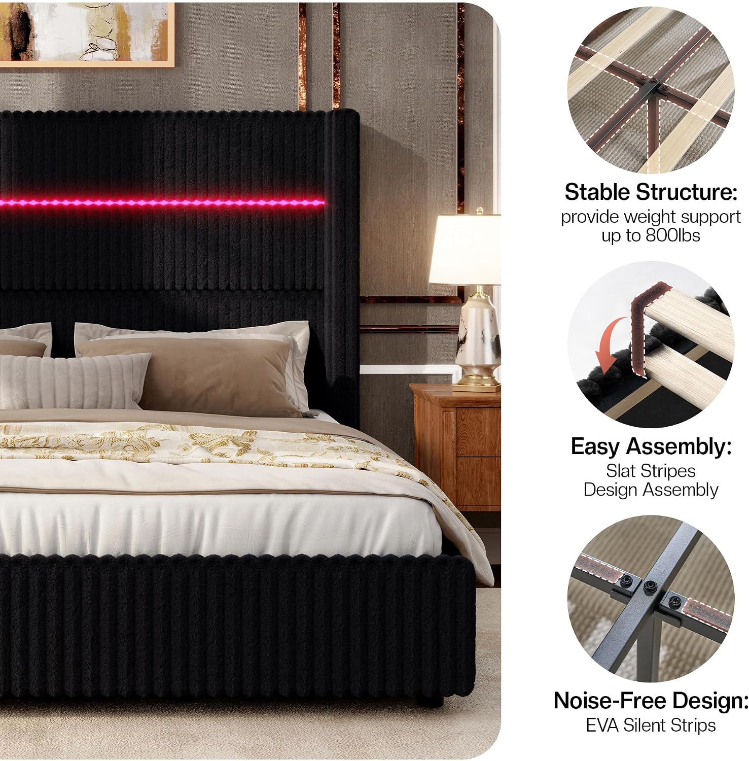 Jocisland Full Size Corduroy Upholstered Bed Frame with 4 Storage Drawers & 51.2' Tall Wingback Headboard, LED Platform Bed with Charging Station, Easy Assembly, No Box Spring Needed, Black