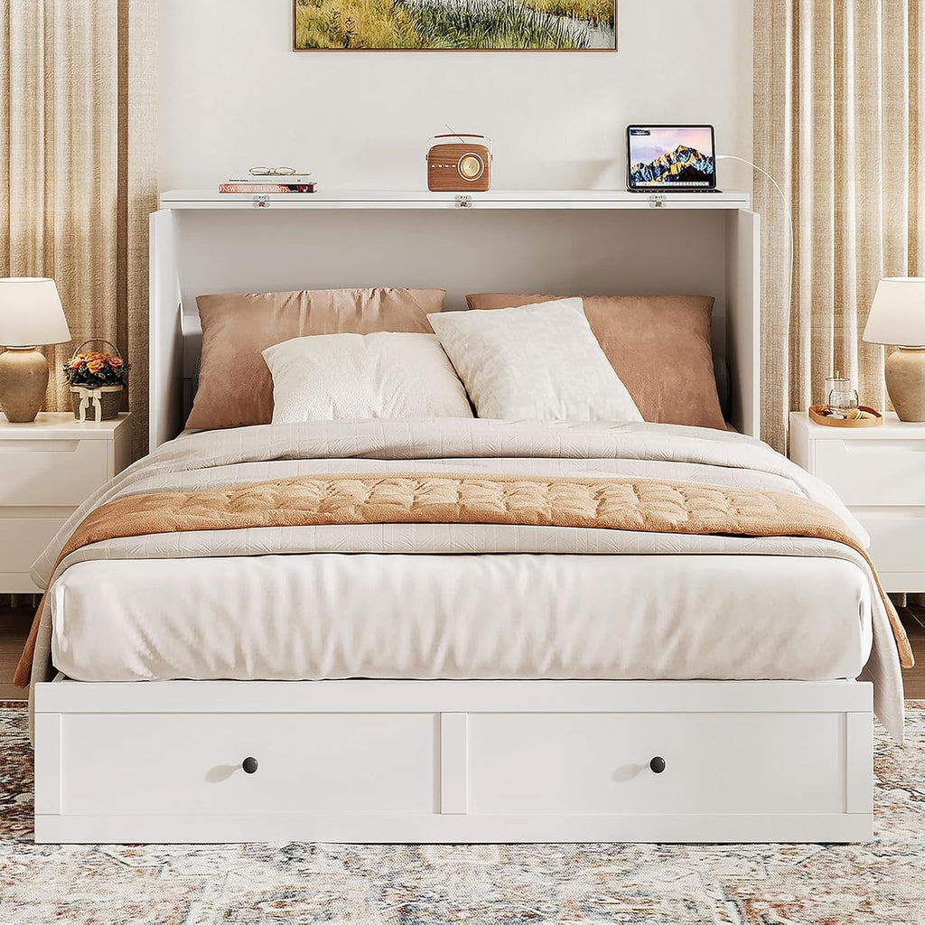 LIVAUVEAD Full Size Murphy Bed with Charging Station & Drawer, Full Size Mobile Cabinet Bed Frame, Murphy Chest Bed for Bedroom, Guest Room