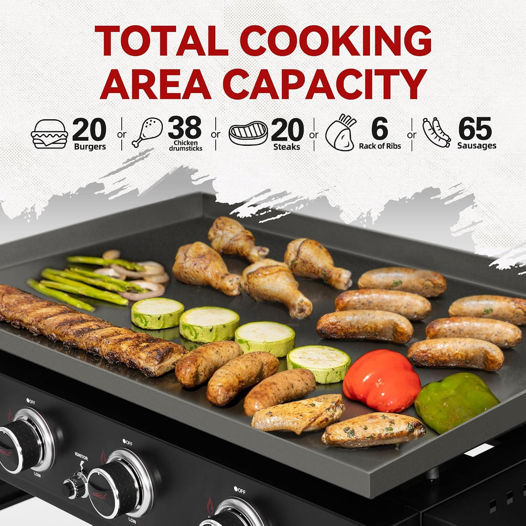 Royal Gourmet GB4001B 4 Burner Propane Gas Griddle with Foldable Side Tables, 35-Inch Flat Top Griddle with 52,000 BTUs Output for Outdoor Cooking like Camping or Tailgating, Black