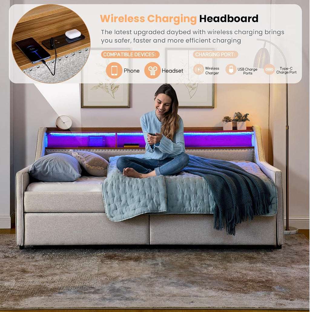 Antetek Twin Daybed with Storage Drawers & Wireless Charger, Upholstered Linen Daybed Frame with USB/Type C/LED Headboard, Modern Sofa Day Bed for Living Room, No Box Spring Needed, Beige