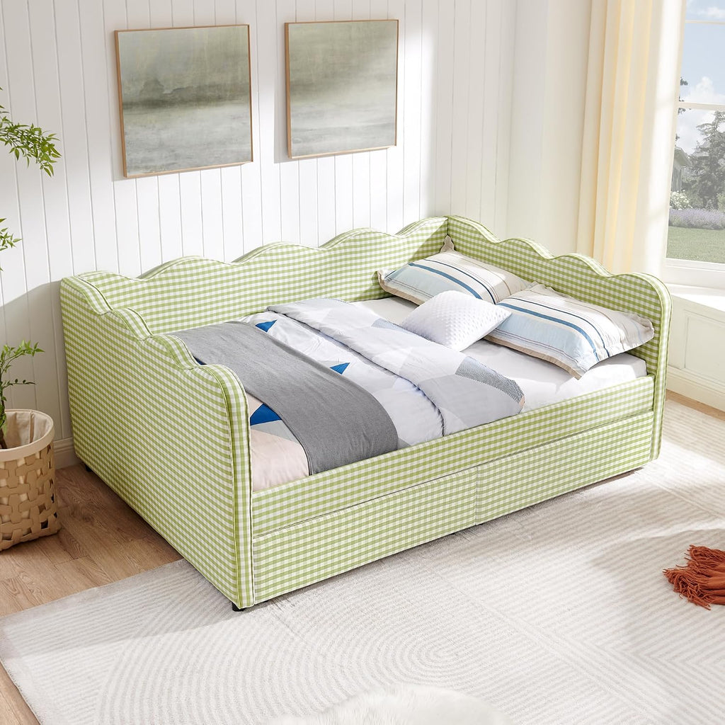 DEINPPA Full Size Upholstered Daybed with 2 Storage Drawers, Gingham Daybed with USB Ports for Bedroom Living Room Guest Room-Green