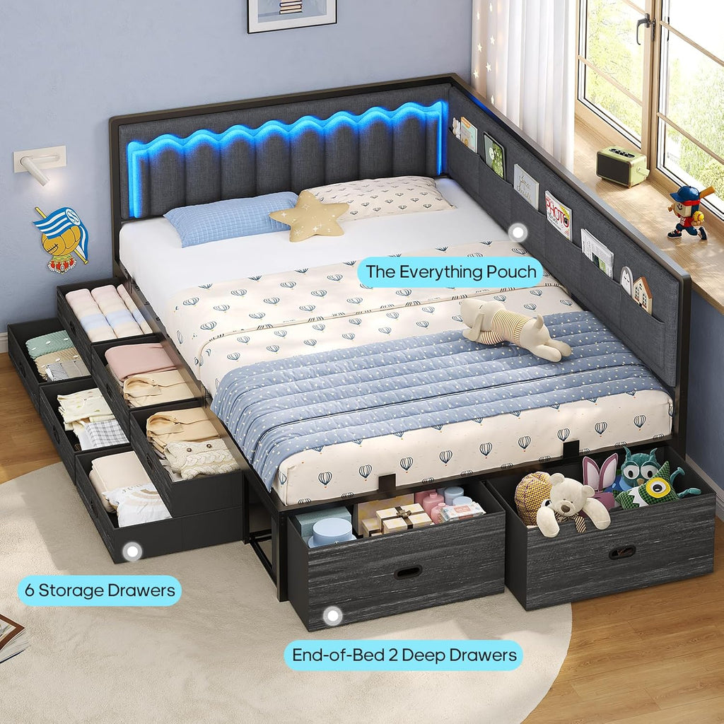 ADORNEVE Full Corner Bed Frame with 8 Drawers, 6 Storage Pockets, Full Daybed with Storage and RGB Wave Lights, Platform Bed with L-Shaped Upholstered Guardrail for Kids Teen,Grey