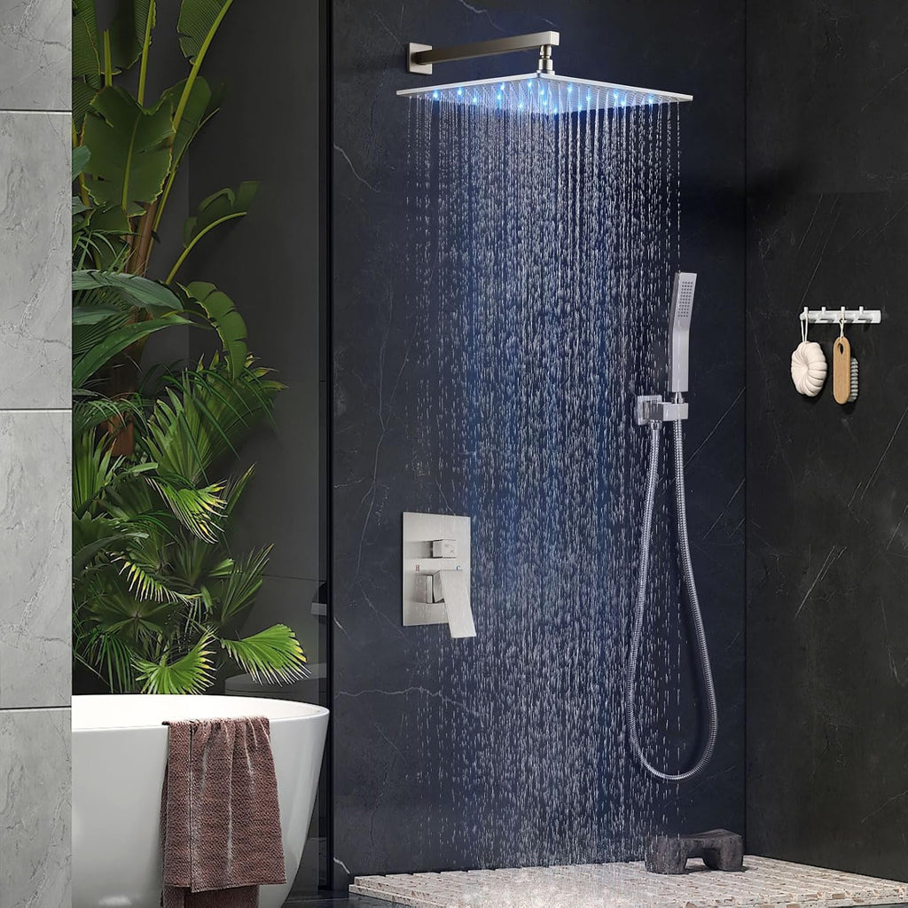 Aolemi Shower Faucet Set with Handheld Spray High Pressure Shower System Shower Faucets Sets Complete Rough-in Valve and Shower Trim Kit Wall Mount Rainfall 16 Inch LED Shower Head Brushed Nickel