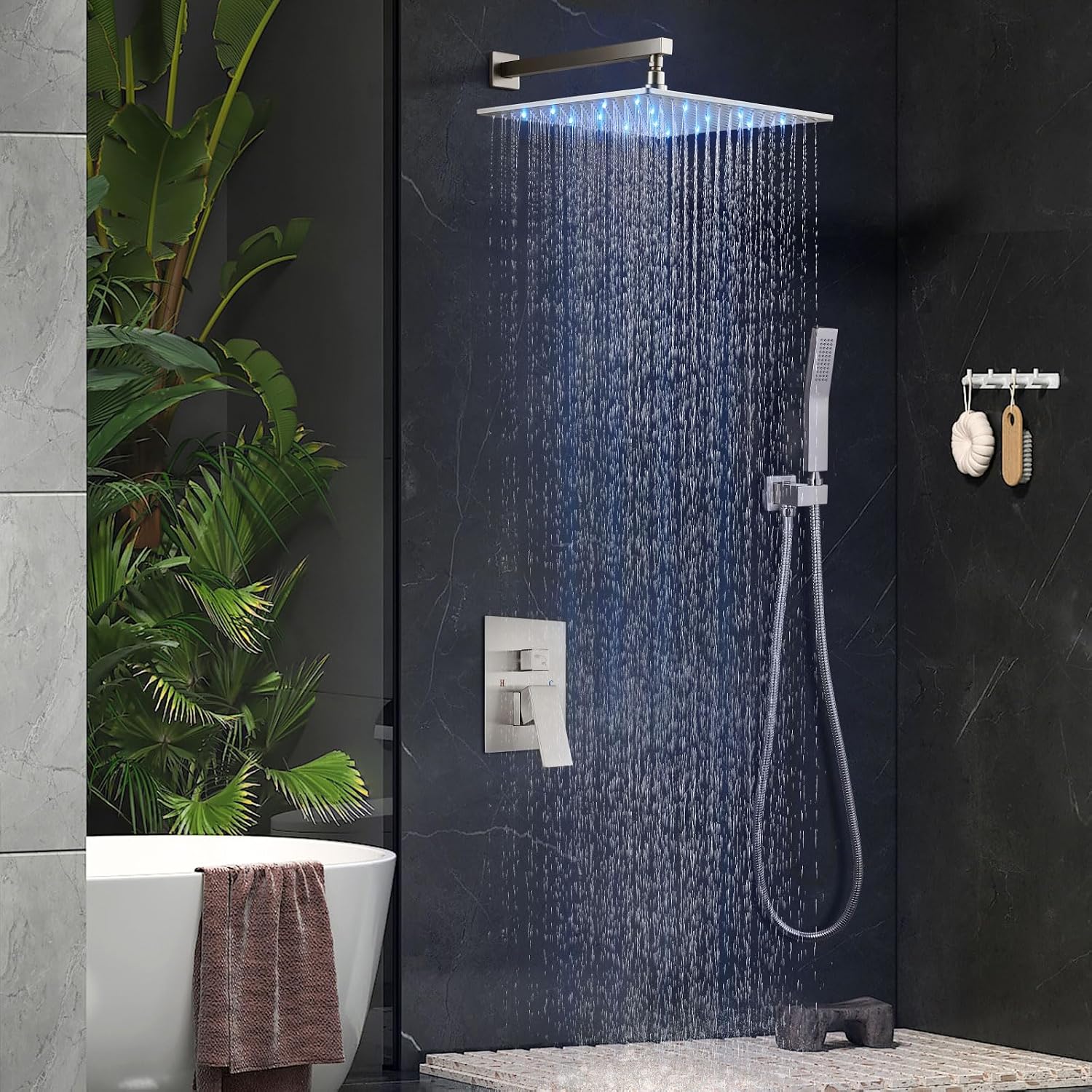 Aolemi Shower Faucet Set with Handheld Spray High Pressure Shower System Shower Faucets Sets Complete Rough-in Valve and Shower Trim Kit Wall Mount Rainfall 16 Inch LED Shower Head Brushed Nickel