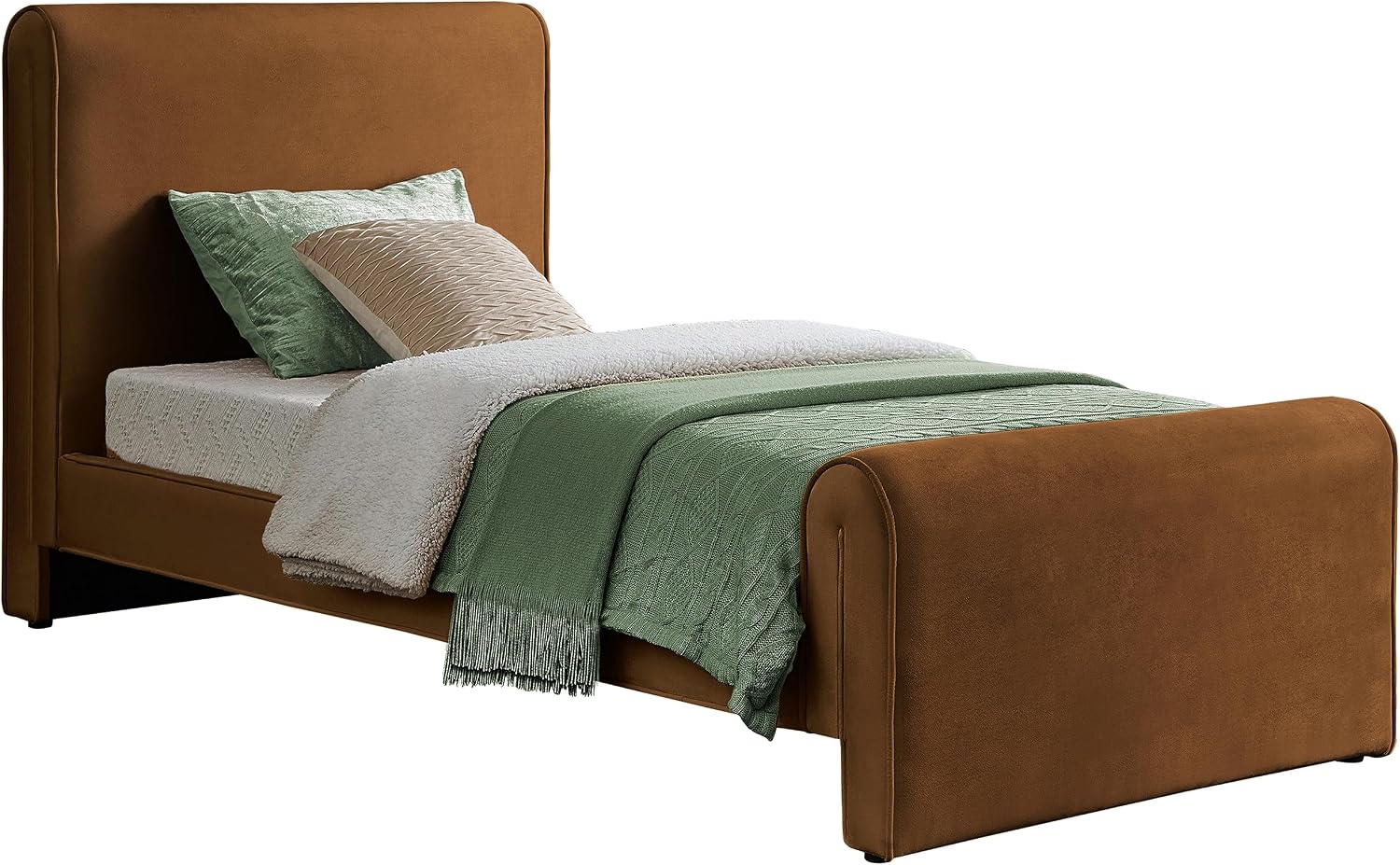Meridian Furniture SloanSaddle-T Sloan Collection Modern | Contemporary Velvet Upholstered Twin Bed with Rich Soft Saddle Velvet, Curved Headboard and Footboard, 44.5' W x 92' D x 45' H, Saddle, Twin