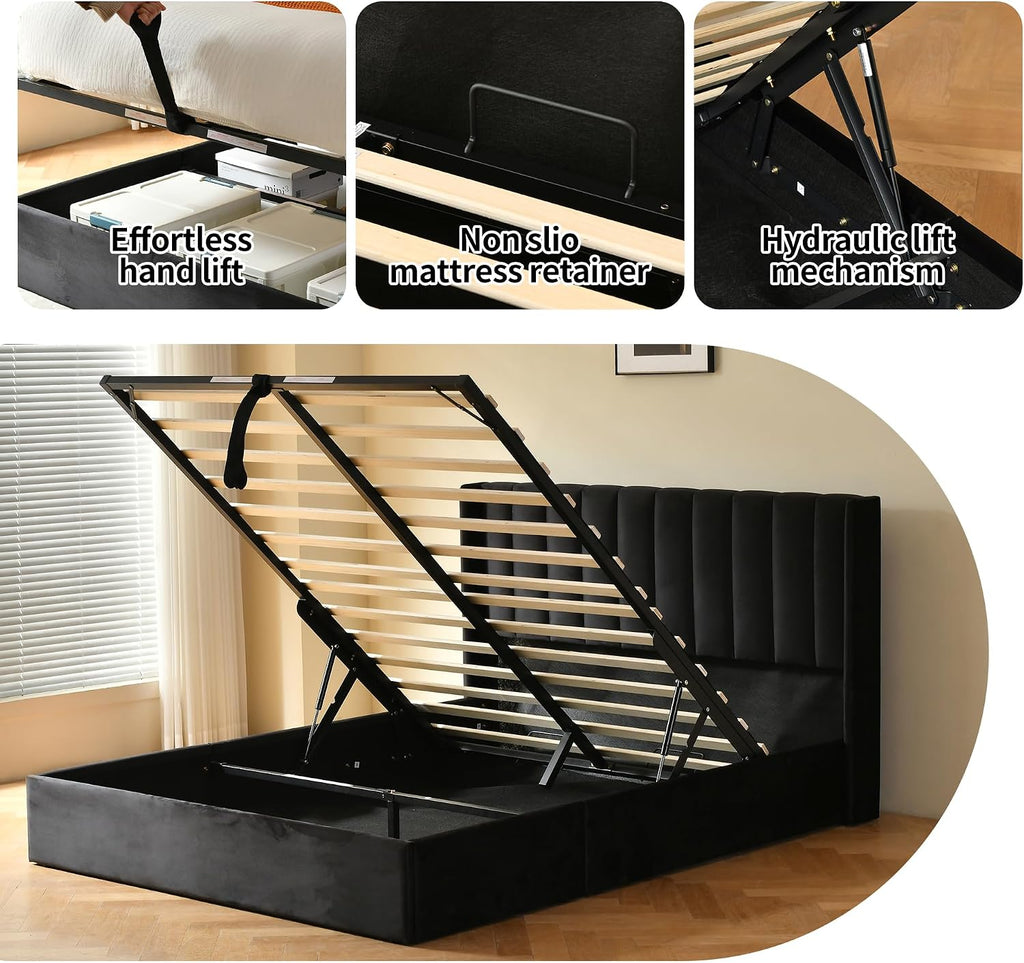 YUHUASHI Queen Size Hydraulic Storage Bed, Upholstered Platform Bed Frame, Modern Wingback Design Headboard, Velvet Fabric with Hydraulic Support Bars, No Box Spring Required (Black, Queen)