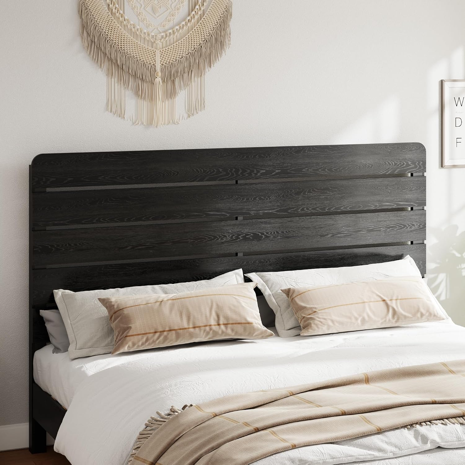 Wooden King Size Bed Frame with Headboard, Rustic Farmhouse Platform Bedframe with Wood Slat Support, Sturdy and No Noise, Easy Assembly (Black, King)