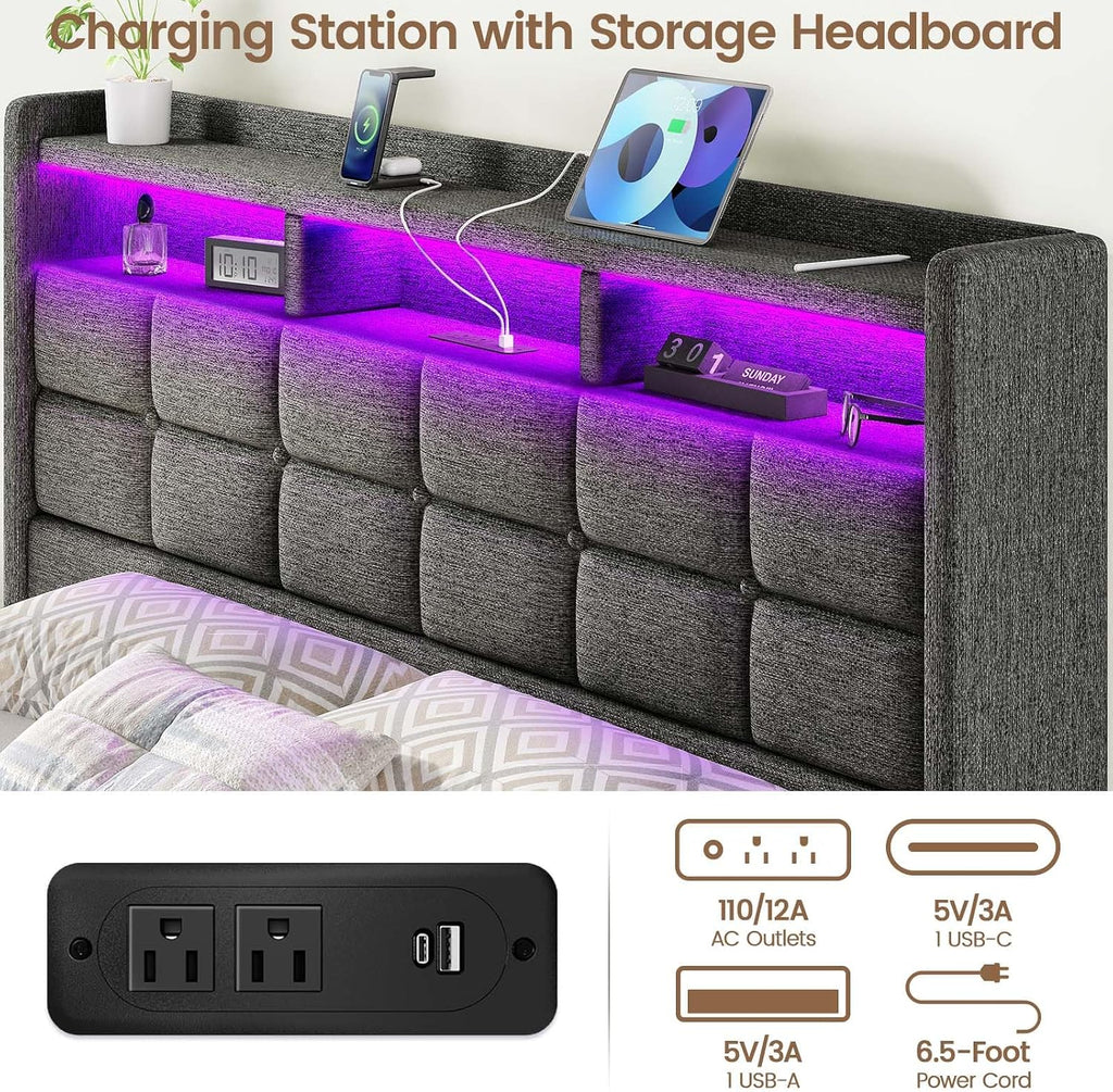 Driftalia Lift Up Full Size Bed Frame with Storage, Upholstered Full Bed Frame with LED Lights Headboard and Charging Station, No Box Spring Needed, Easy Assembly - Dark Grey
