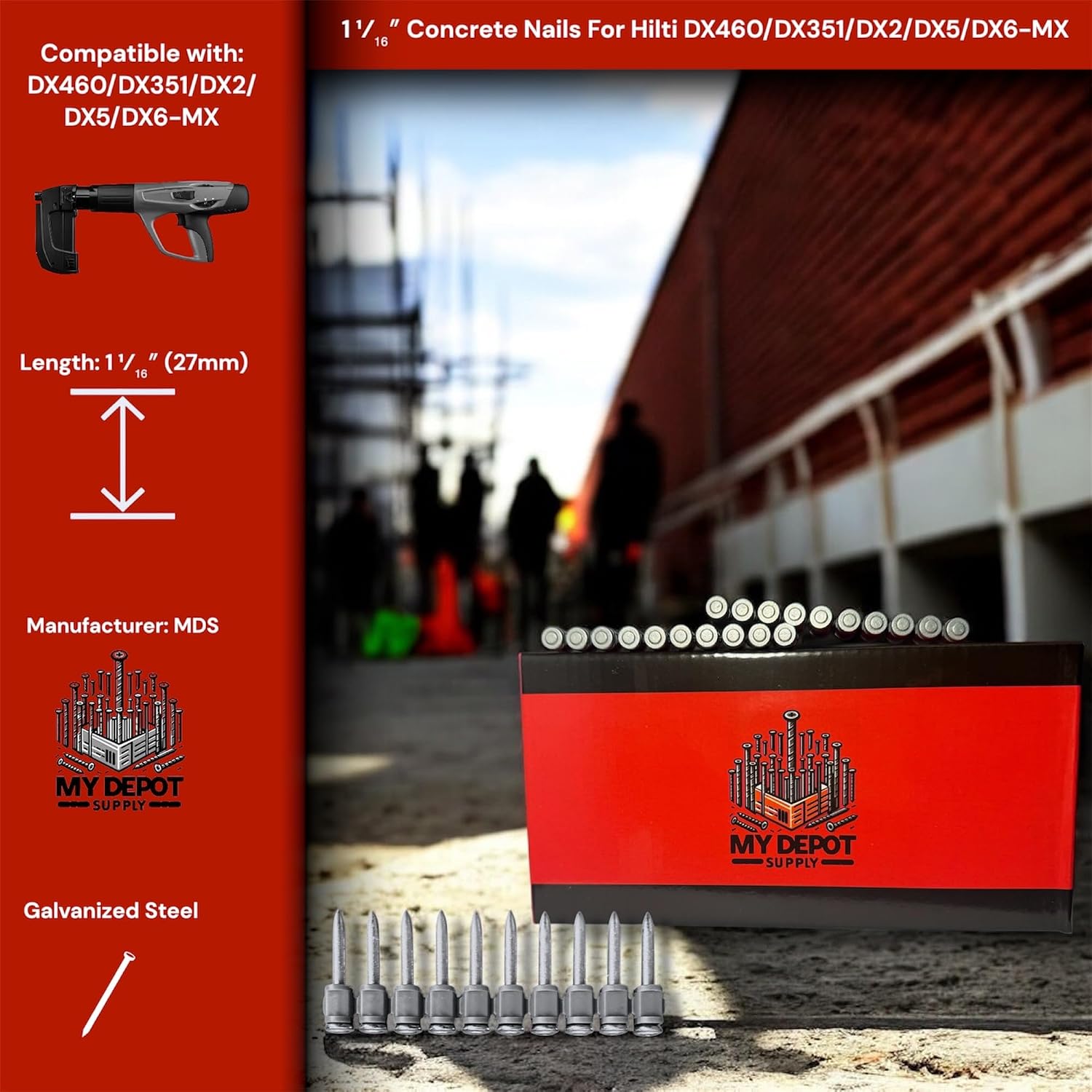1¹⁄₁₆″ Concrete Nails Compatible With Hilti DX460/DX351/DX2/DX5/DX6-MX-500 Count Flat Head Nails with Galvanized Zinc Coating-Heavy-Duty Construction Fasteners for Commercial & Residential Projects
