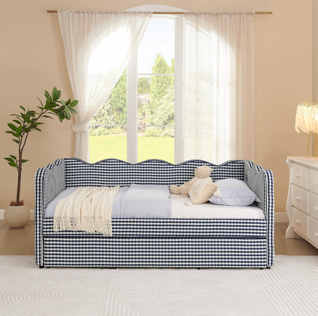 DEINPPA Twin Size Upholstered Daybed with Trundle, Gingham Daybed with USB Ports for Bedroom Living Room Guest Room-Navy