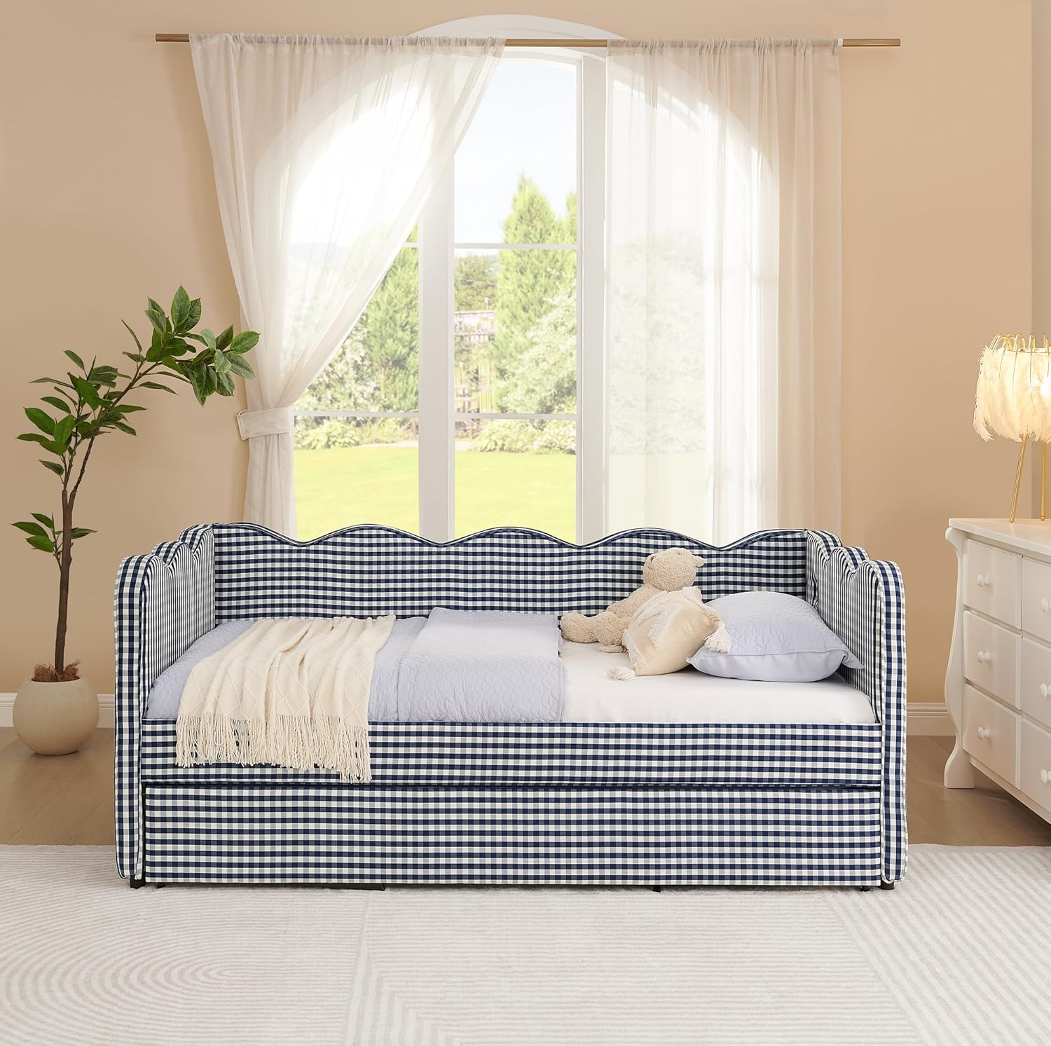 Deolme Twin to King Daybed with Trundle, USB Ports Soft Upholstered Daybed with Pop Up Trundle Bed Twin, Modern Extendable Day Bed Frame for Kids Bedroom Living Room Guest Room Small Places Navy Blue