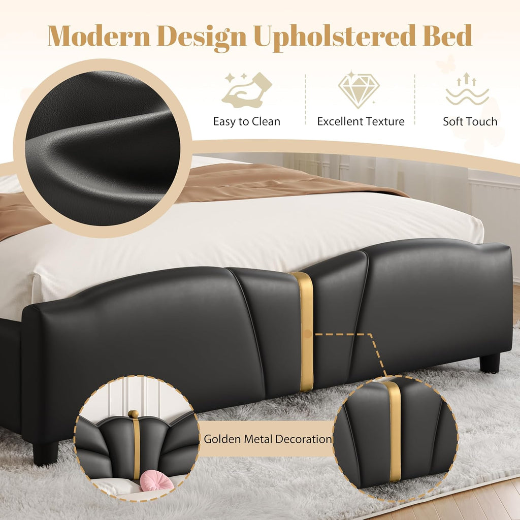 Merax PU Leather Upholstered Platform Bed with Butterfly Shaped Headboard and Footboard, Full Size Bed Frame for Bedroom, Solid Wood Slats Support, No Box Spring Needed, Easy Assembly, Black