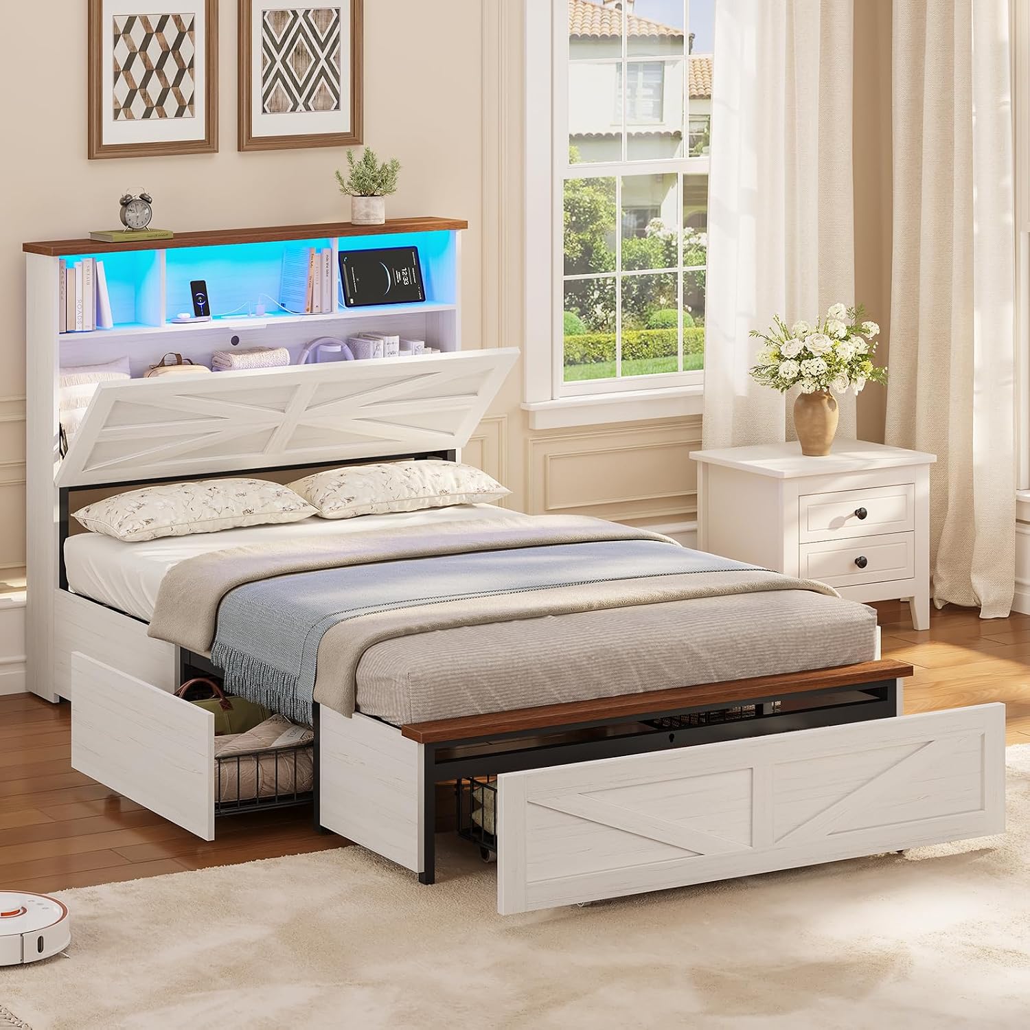 VIAGDO Twin Bed Frames with 5 Drawers, Farmhouse Bed Frame with Barn Door Headboard and Storage, Wood Platform Bed Frame Twin Size with Charging Station and LED Lights, No Box Spring Needed, White