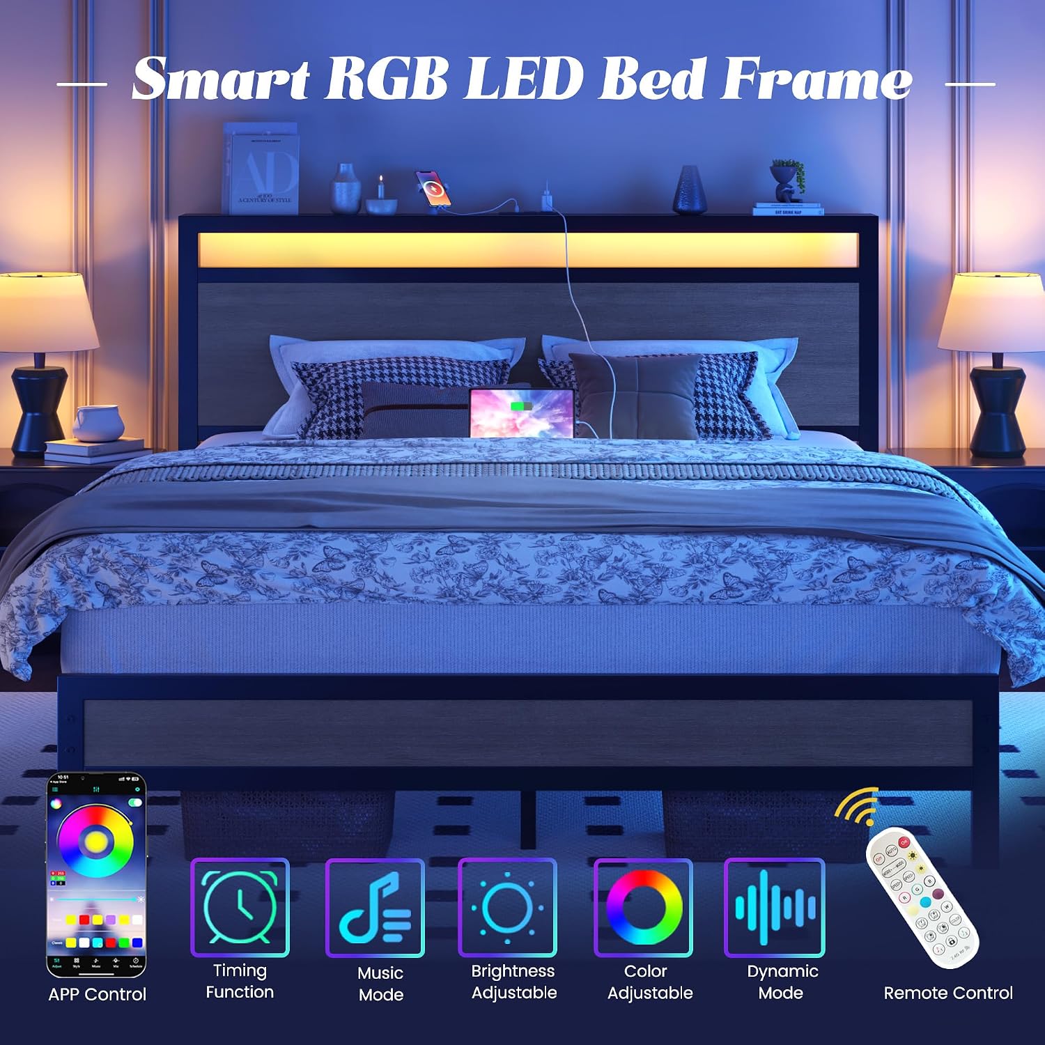Fluest Queen Bed Frame with Headboard & Footboard, Bed Frame with Built-in Charging Station & LED Light, Storage Shelf, Noise-Free, No Box Spring Needed, Easy Assembly, Rustic Grey