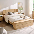 T4TREAM Fluted Queen Size Bed Frame with Wingback Headboard, Footboard Storage Bench with Built-in Drawers & Lift-Up Compartments, Wood & Steel Platform Bed, No Box Spring Needed, Natural Oak