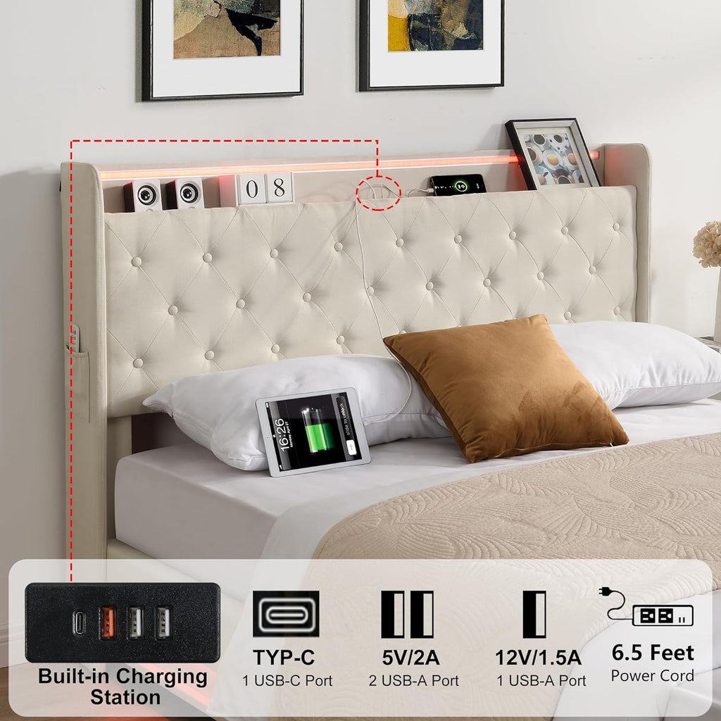 Ailisite Queen Size Lift Up Storage Bed, Upholstered Platform Bed with Button Tufted Wingback Storage Headboard, Bed Frame Queen Size with Led Lights and Charging Station, No Box Spring Needed, Beige