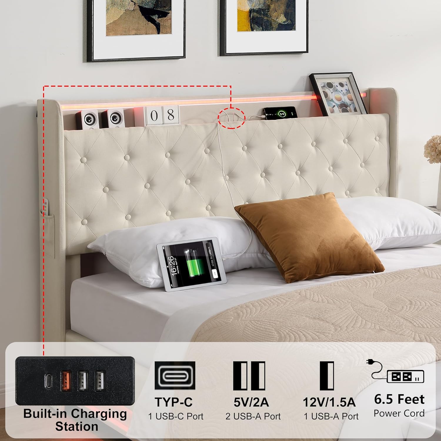 Ailisite Queen Size Lift Up Storage Bed, Upholstered Platform Bed with Button Tufted Wingback Storage Headboard, Bed Frame Queen Size with Led Lights and Charging Station, No Box Spring Needed, Beige