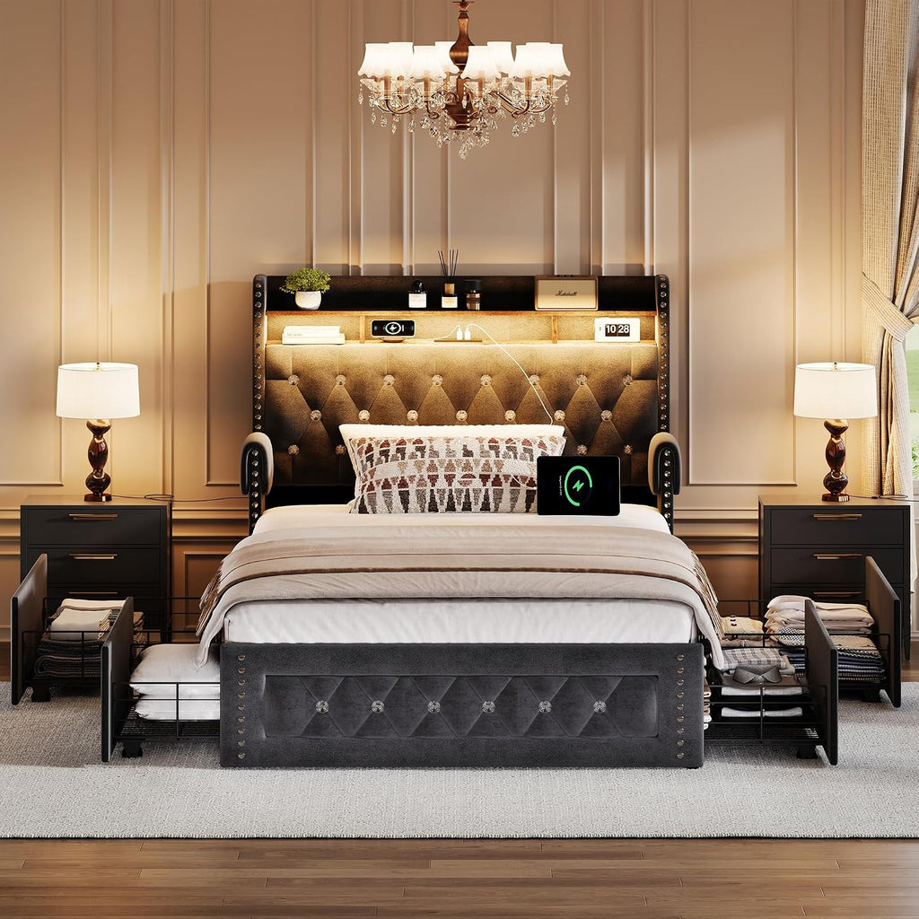 Ailisite Twin Size Bed Frame with 4 Storage Drawers and RGB Led Lights,Velvet Upholstered Platform Bed with Charging Station and Bookcase Storage Headboard, with Crystal and Rivet Deco, Grey