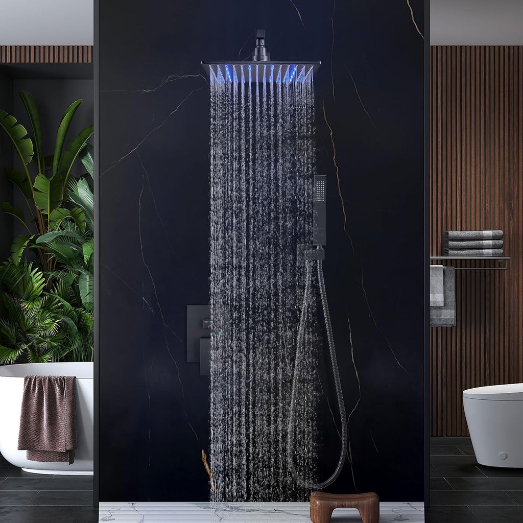 Aolemi Shower Faucet Set with Handheld Spray High Pressure Shower System Shower Faucets Sets Complete Rough-in Valve and Shower Trim Kit Wall Mount Rainfall 12 Inch LED Shower Head Matte Black