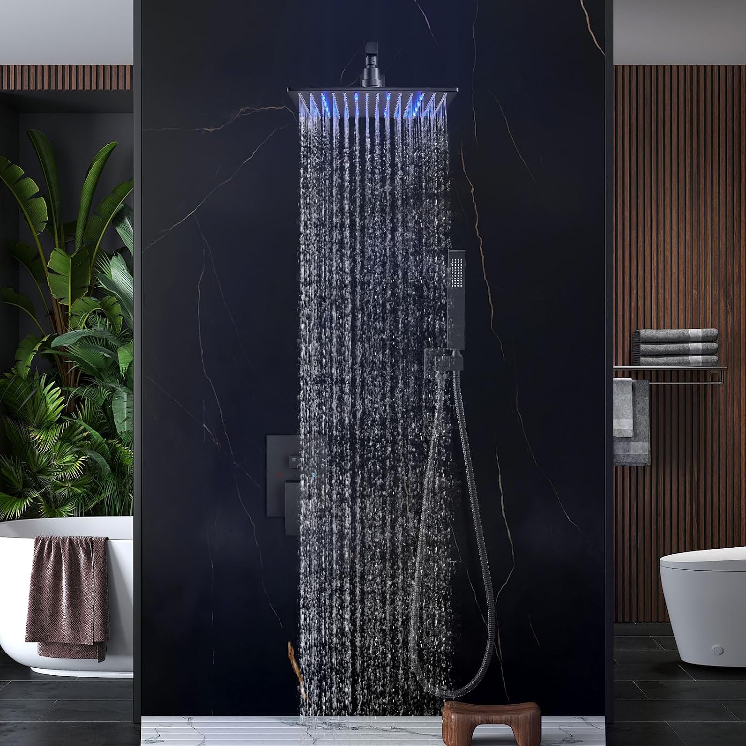 Aolemi Shower Faucet Set with Handheld Spray High Pressure Shower System Shower Faucets Sets Complete Rough-in Valve and Shower Trim Kit Wall Mount Rainfall 12 Inch LED Shower Head Matte Black