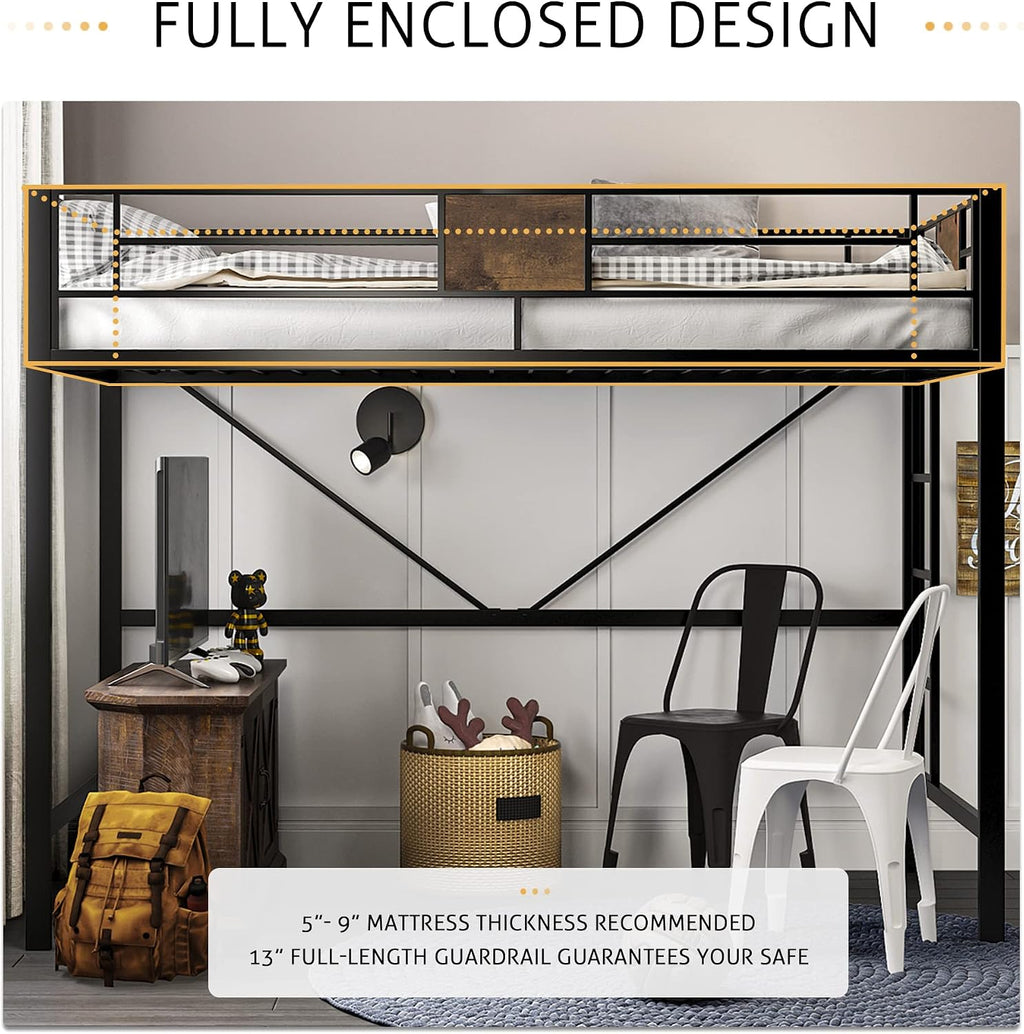 SHA CERLIN Loft Bed Twin Size with Ladder and Guardrail,Rustic Design,Metal Slats Support No Box Spring Needed Small Space Saving Furniture for Bedroom Dorm