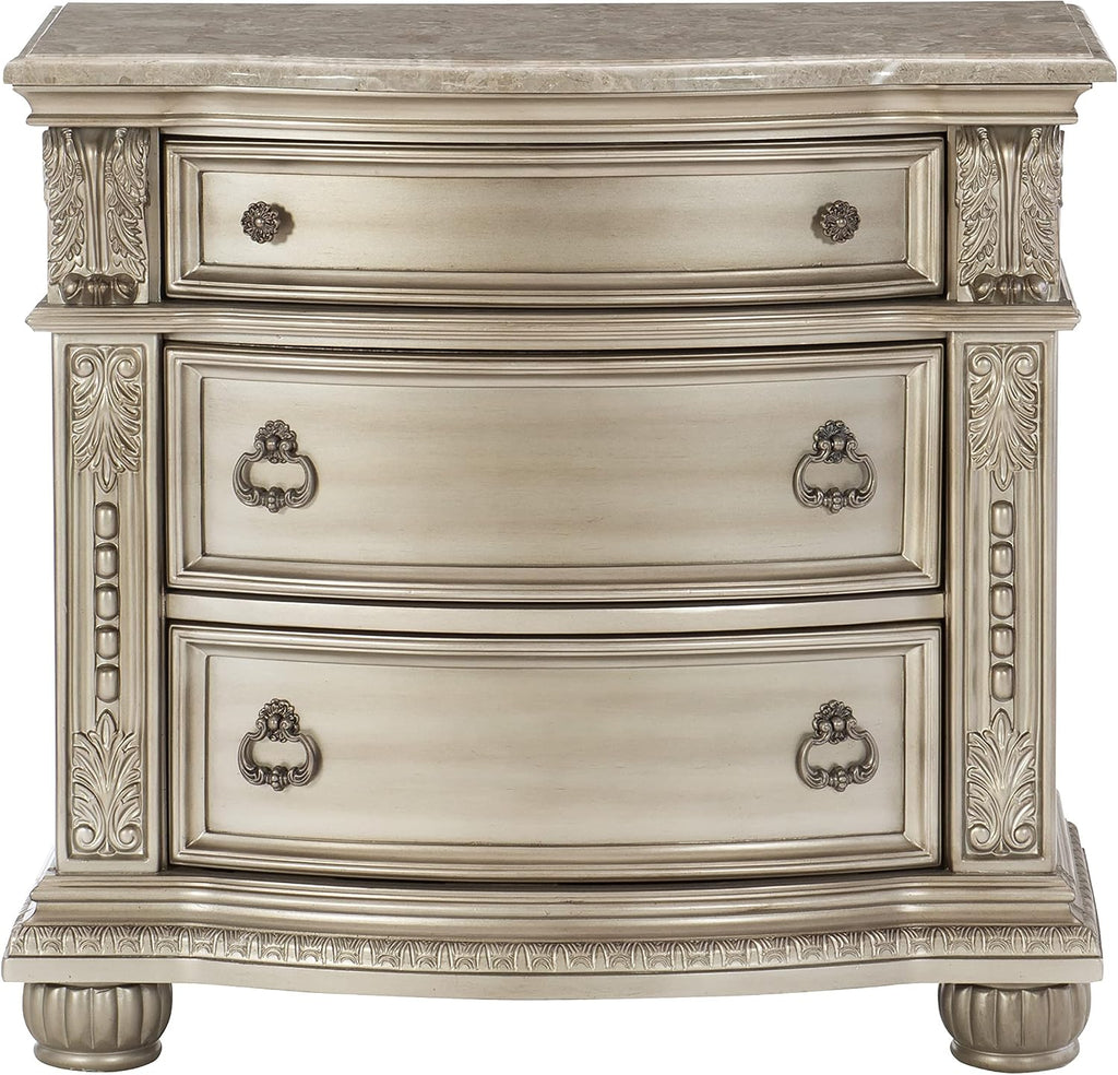 Traditional Classic 5 Pieces Queen Size Set Silver Finish Faux Leather Upholstered Bed Classic Design Marble Top Formal Bedroom Furniture