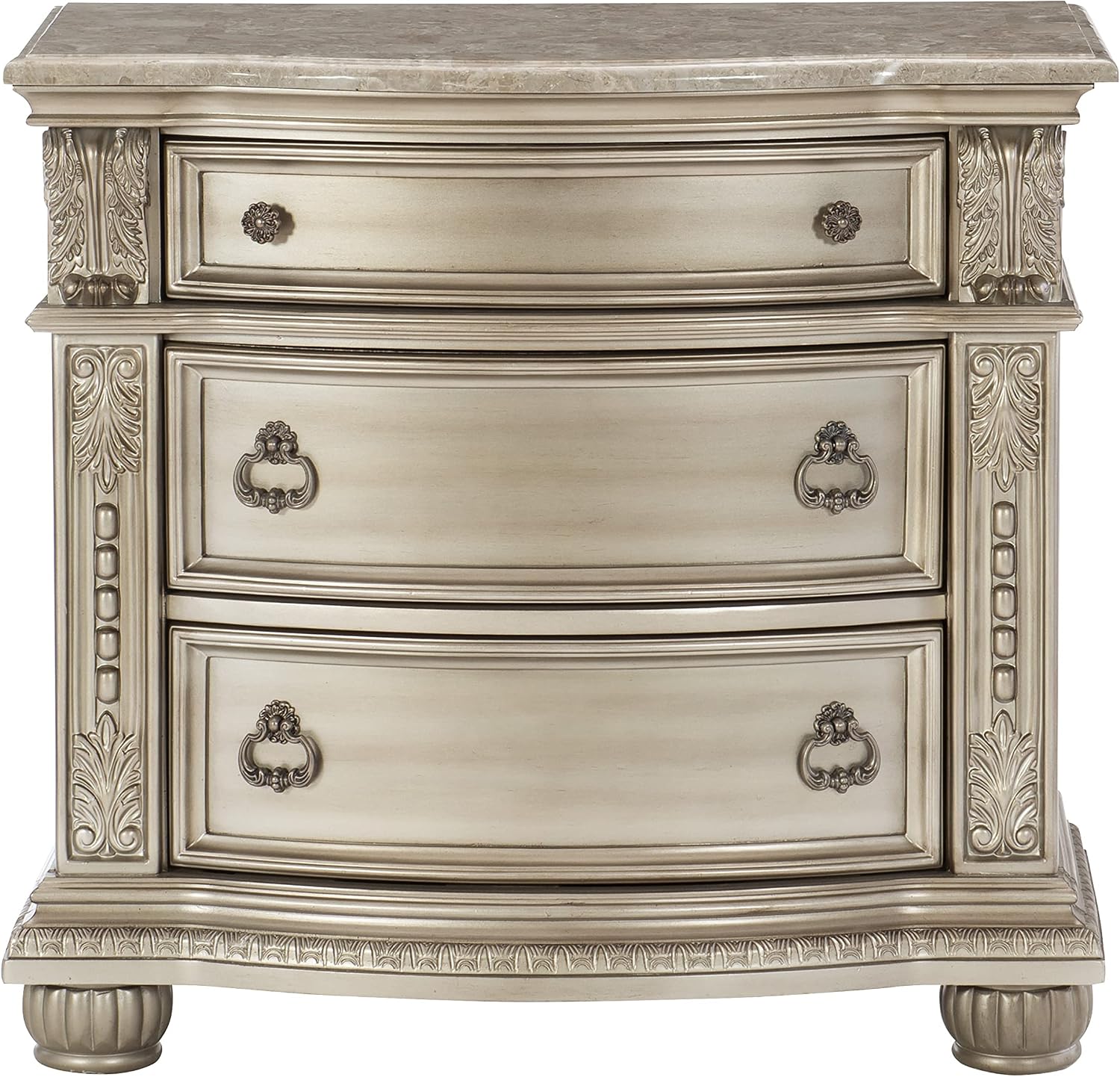 Traditional Classic 5 Pieces Queen Size Set Silver Finish Faux Leather Upholstered Bed Classic Design Marble Top Formal Bedroom Furniture
