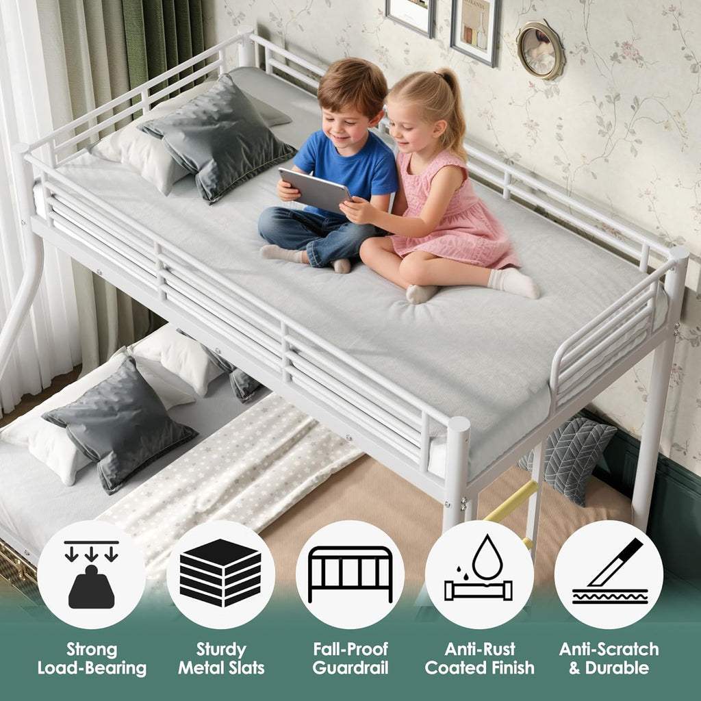 Bunk Beds Twin XL Over Queen, Heavy Duty Bunk Beds with Bottom Space & Guardrail Metal Bunk Bed Frame for Adults Teens Dorm Bedroom Guest Room, No Box Spring Needed（White）