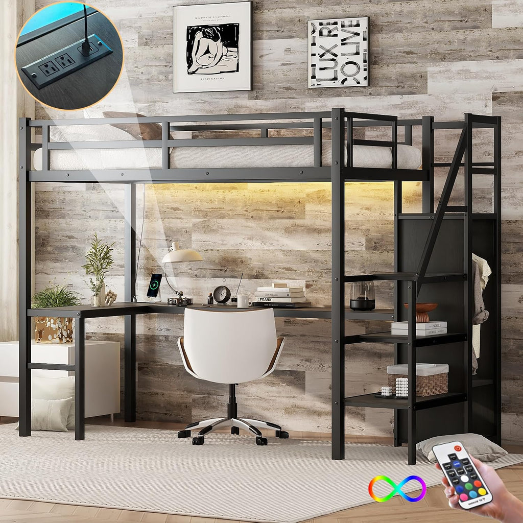 Ball & Cast Twin XL Size High Loft Bed with LED Light Strip & USB,Metal Bedframe W/L-Shape Desk & Built-in Storage Staircase,Wardrobe & Adjustable Shelf,Bedroom Furniture Set for Kid Teen Adult,Black