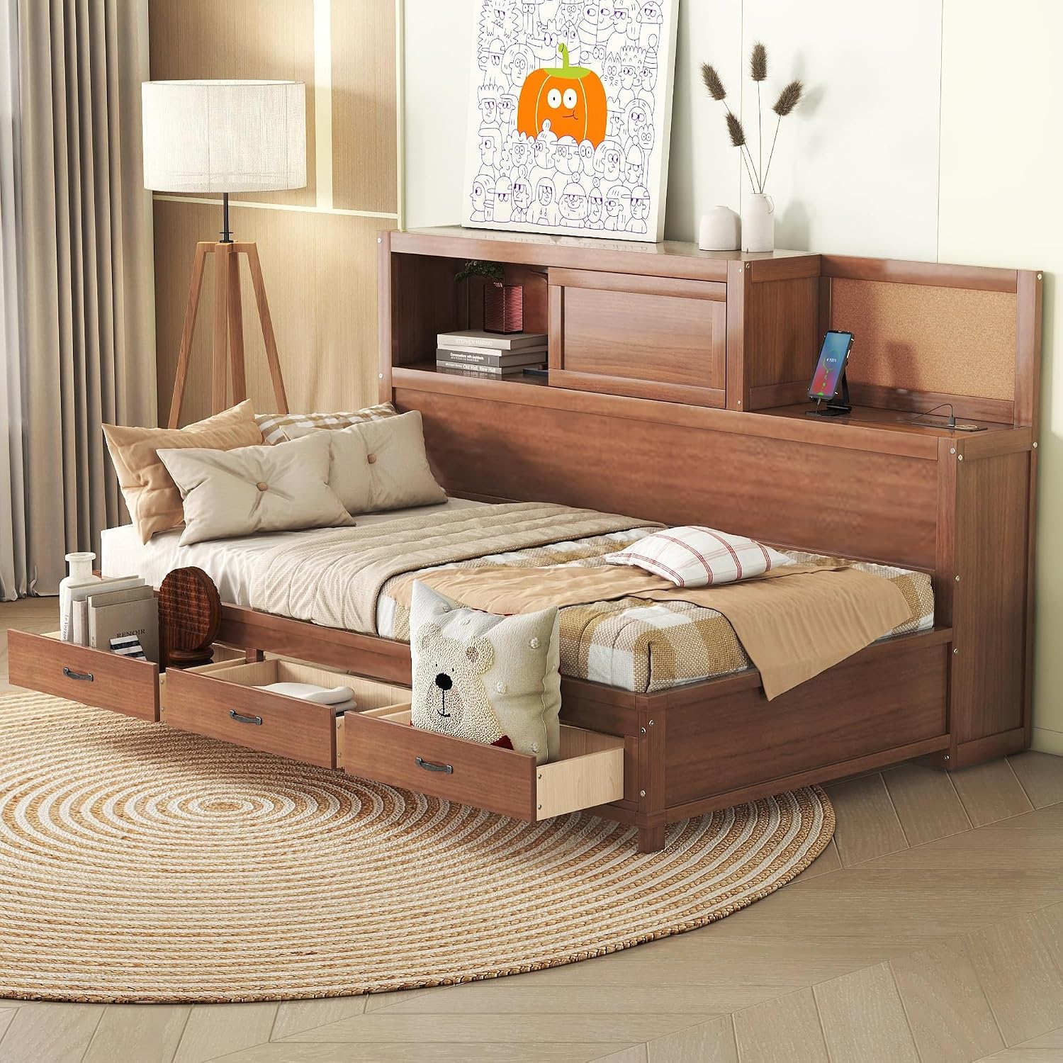 Harper & Bright Designs Twin Size Wooden Daybed with 3 Storage Drawers, Upper Soft Board, Shelf and a Set of Sockets and USB Ports, Twin Storage Bed for Small Living Space,Brown