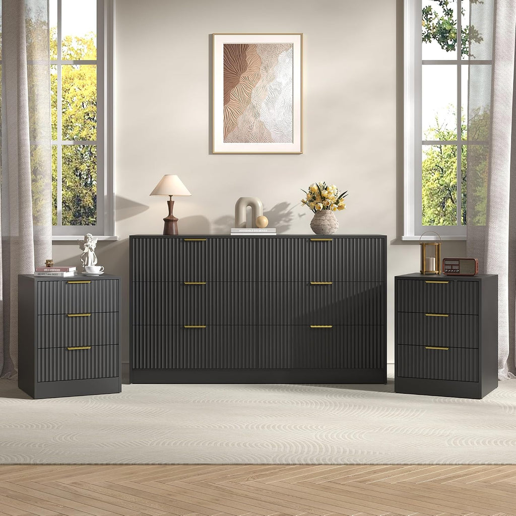 3-Piece Modern Bedroom Furniture Set, Wide 6-Drawer Dresser & 3-Drawer Nightstands Set of 2, Natural Wood Dresser and Nightstand Sets for Bedroom, Hallway, Black