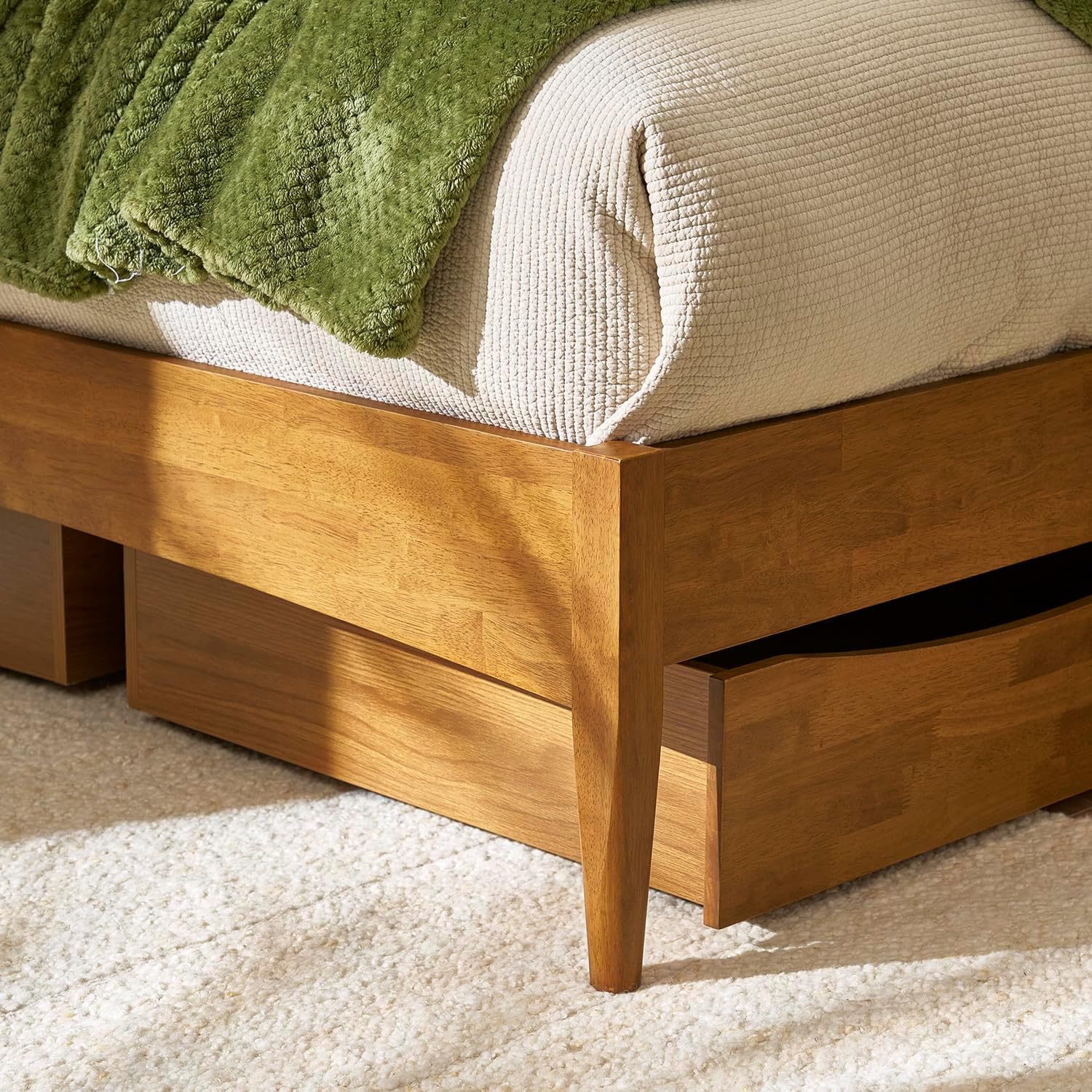 mopio Retrovie Mid-Century Modern Queen Bed Frame – Solid Wood Legs, LVL Slat System, No Box Spring Needed, Supports 661 lbs, Easy Assembly (Walnut, 2 Drawers)
