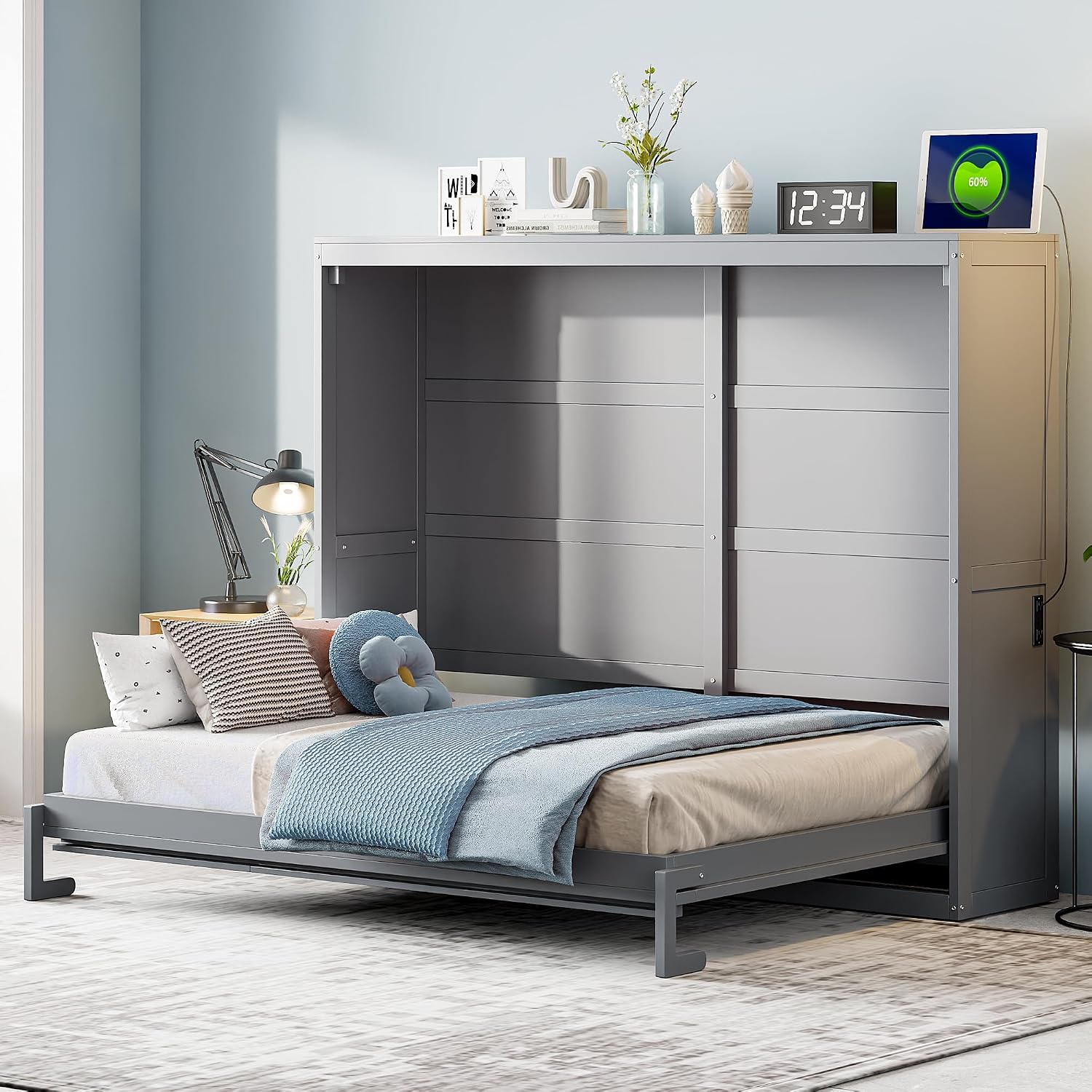 Harper & Bright Designs Queen Size Murphy Bed, Wooden Queen Murphy Wall Bed Frame with a Set of Sockets & USB Ports, Gray