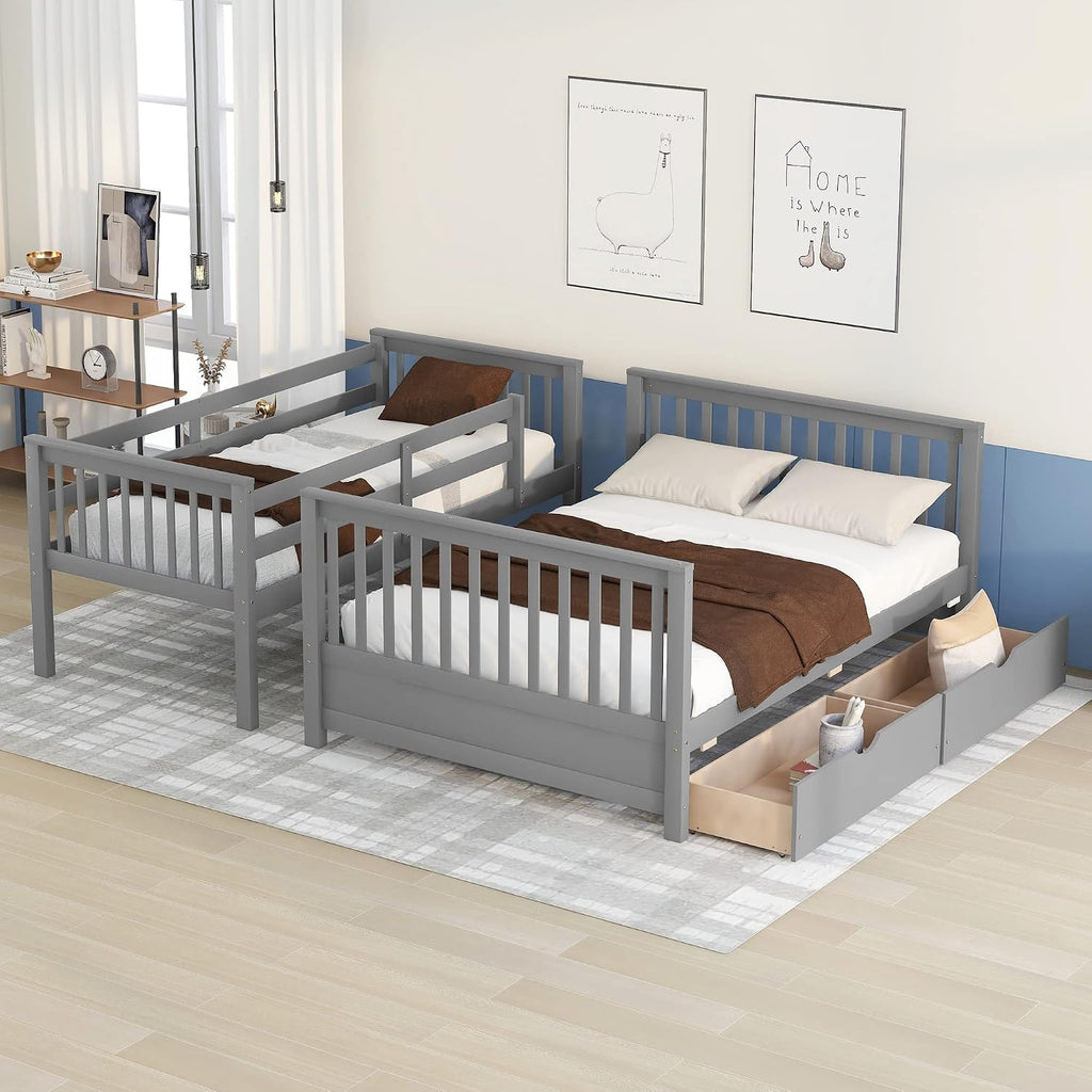 Harper & Bright Designs Twin Over Full Bunk Bed with Two Storage Drawers, Guardrails and Ladder, Solid Wood Bunk Bed Convertible to 2 Separated beds (Grey)