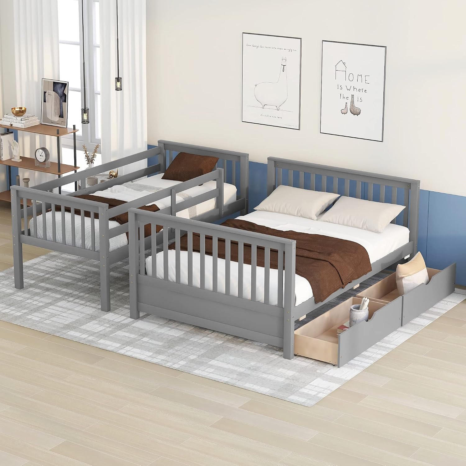 Harper & Bright Designs Twin Over Full Bunk Bed with Two Storage Drawers, Guardrails and Ladder, Solid Wood Bunk Bed Convertible to 2 Separated beds (Grey)