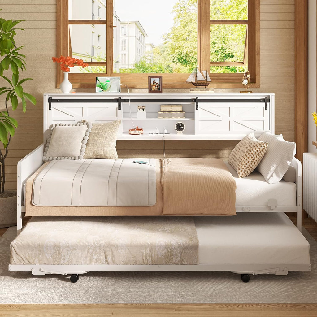 Homieasy Farmhouse Twin Daybed with Pop-Up Trundle, Metal Trundle Bed Frame with Bookcase Headboard, Charging Station & Barn Door Storage for Bedroom & Guest Room, White