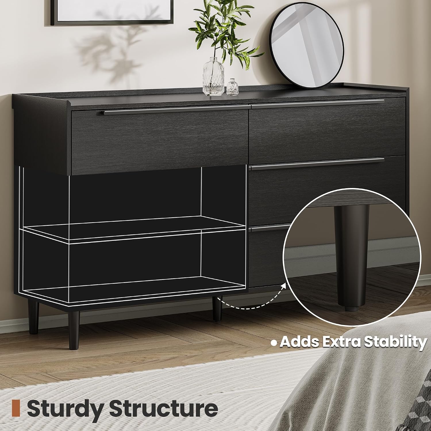54' Wide Black 6 Drawer Dresser for Bedroom, Modern Wood Double Dresser with Raised-Edge Gallery Top, Metal Handles, Tapered Legs, Wide Chest of Drawers, Black Oak